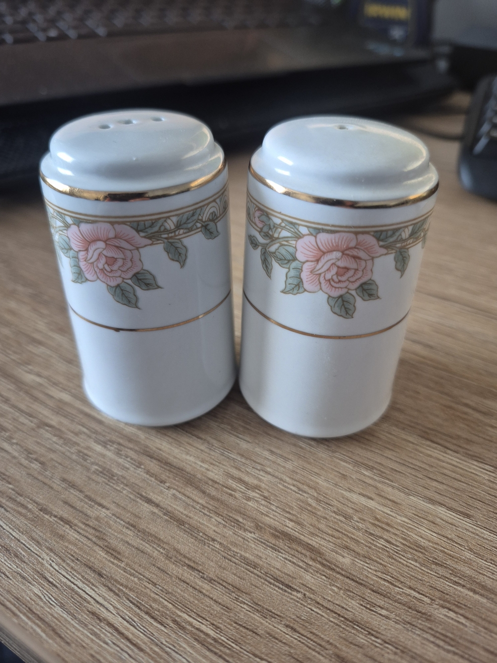 Porcelain Rose Floral Salt and Pepper Shakers with Gold Trim